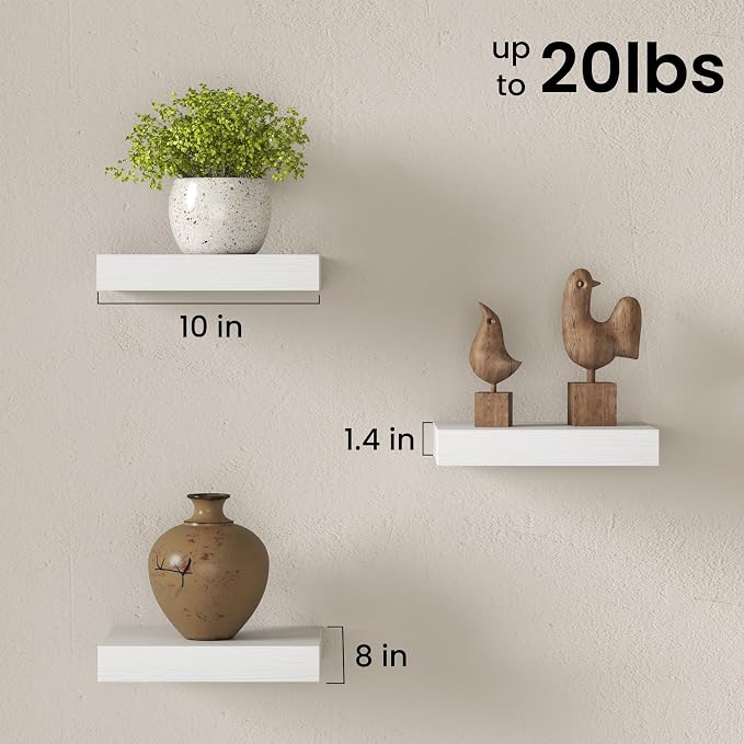 Fun Memories Floating Shelves for Wall with Invisible Brackets, 10 Inch Wall Mounted Wood Shelves with Wood Grain for Living Room, Bedroom, Bathroom, Kitchen Decor and Storage, White - Set of 3