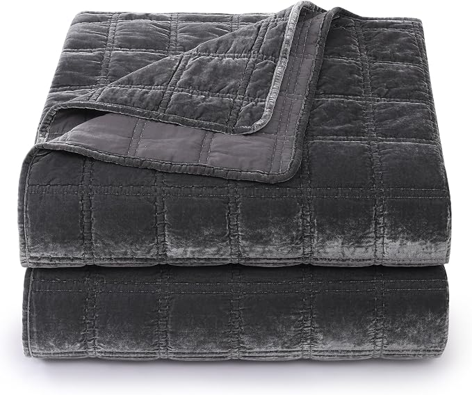 HiEnd Accent Stella Faux Silk Velvet Double Box Stitch 3 Piece Quilt Set, Full Queen Size, Slate Solid Color, Classic Chic Modern Rustic Elegant Bedding Set, Lightweight Bed Set