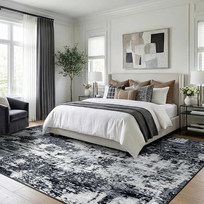RELEANY Washable Area Rugs 6'x9' Non-Slip Modern Abstract Soft for Living Room Entryway Bedroom Nursery, Print Pattern, Black Navy Blue Gray