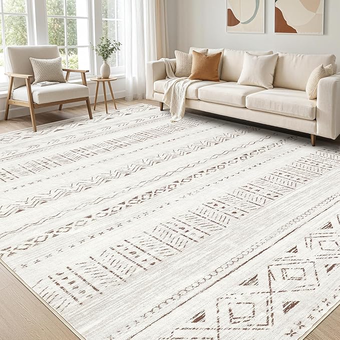 cotiled 10x13 Area Rug Living Room: Washable Boho Rugs with Non Slip Backing Large Soft Indoor Stain Resistant Carpet for Bedroom Farmhouse Dining Room Lightweight Home Decor L Brown/Cream