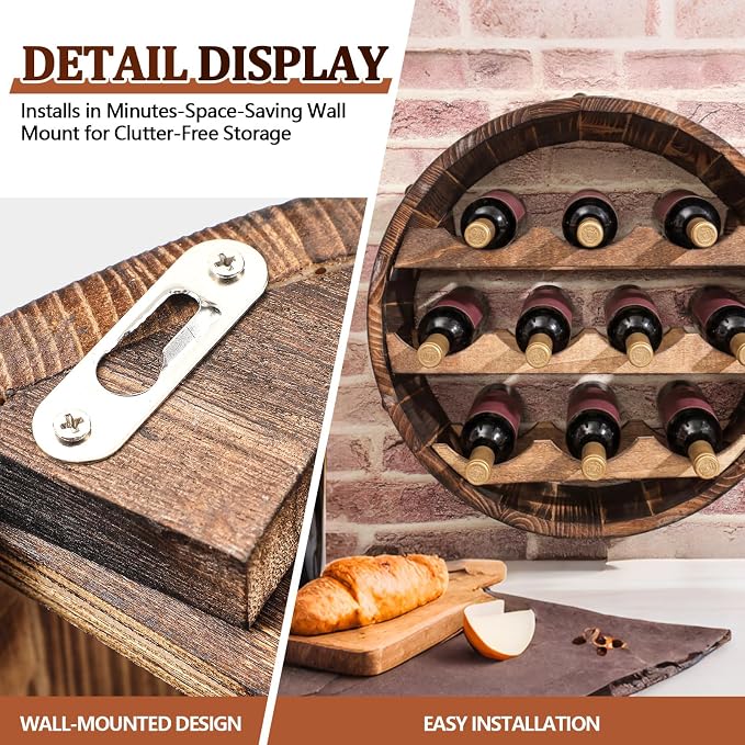 Colingmill 19.7 x 5.9 in Whiskey Barrel Decor Shelf Rustic Wall Mounted Bourbon Wooden Floating Hand Wine Rack Oak for 10 Wine Bottle Holder Display Stand Vintage Bar (Walnut Color)