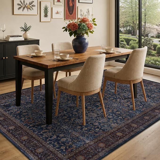 Dark Blue 5x7 Area Rugs, Vintage Old Money Aesthetic Maximalist Print Rugs for Living Room Bedroom, Washable Non Slip Ultra Thin Carpet Rug for Dining Room Home Office