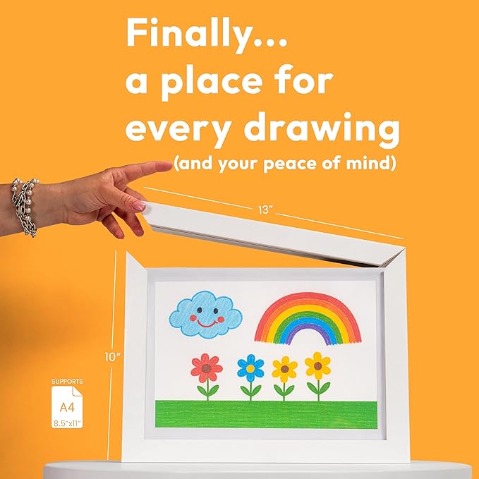 Magnetic Kids Art Frame 8.5x11 – Lift-Top Real Wood Artwork Display & Storage – Strap-Free Changeable Frame Holds 250 Drawings – Freestanding or Wall Mounted - White