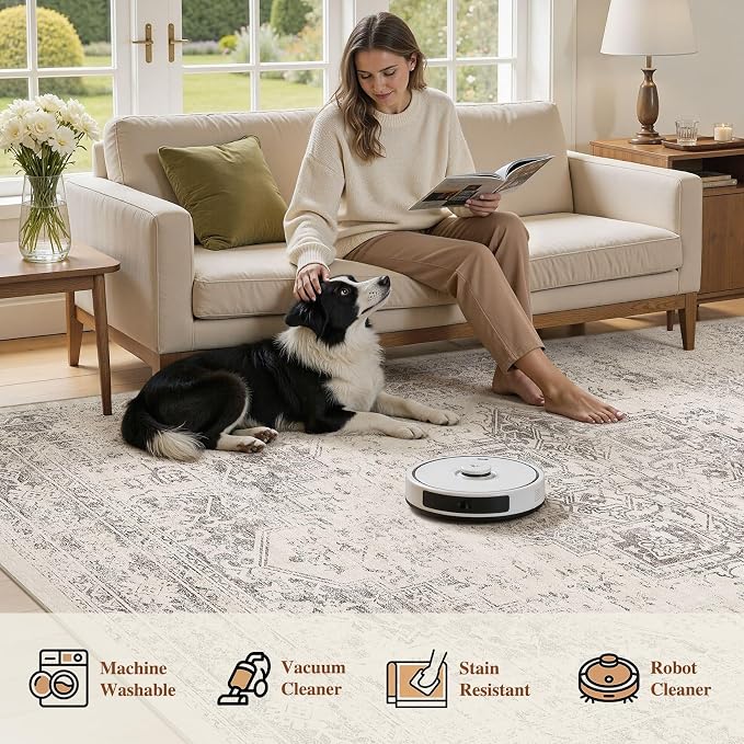 UERMEI 5x7 Area Rug Living Room Rugs - Washable Vintage Soft Large Rug Indoor Floor No Slip Rug Carpet for Bedroom Farmhouse Under Dining Table Home Office Decor - Beige/Camel