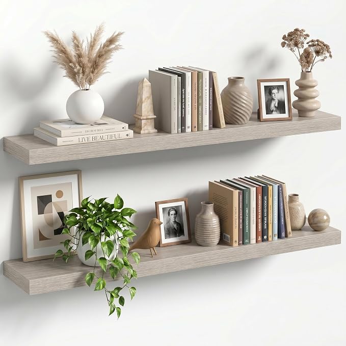 40" Floating Shelves for Wall, Set of 2, 8" Deep, 1.5" Thick, Gray | Rustic Wood Wall Shelves with Invisible Brackets, Storage and Display for Bathroom, Bedroom, Living Room or Kitchen