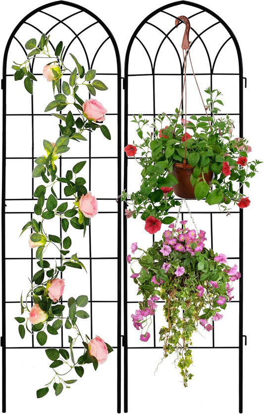 LZRS 2 Pack 71x20in Rustic Iron Arch Decoration Garden Trellis with Black Metal Coating – Perfect for Supporting Climbing Plants Outdoor, Roses, Vines, Flowers, and Vegetables.