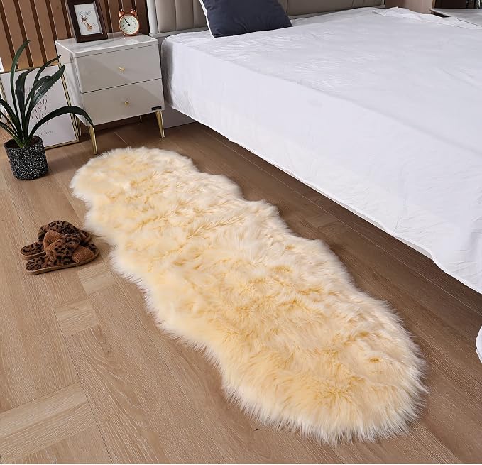 Faux Fur Sheepskin Runner Rug Beige 2x6 ft Ultra Soft Shaggy Plush Fluffy Fuzzy Area Carpet Decorative Chair Cover Floor Mat for Bedroom Sofa Living Room Bedside