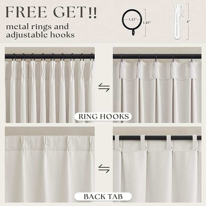Ivory Linen Curtains 105 Inches Long 2 Panels Set Pinch Pleated Linen Drapes for Living Room Bedroom Neutral Boho Farmhouse Modern Back Tab Pinch Pleat Light Filtering Sheer Curtains 40x105 Length