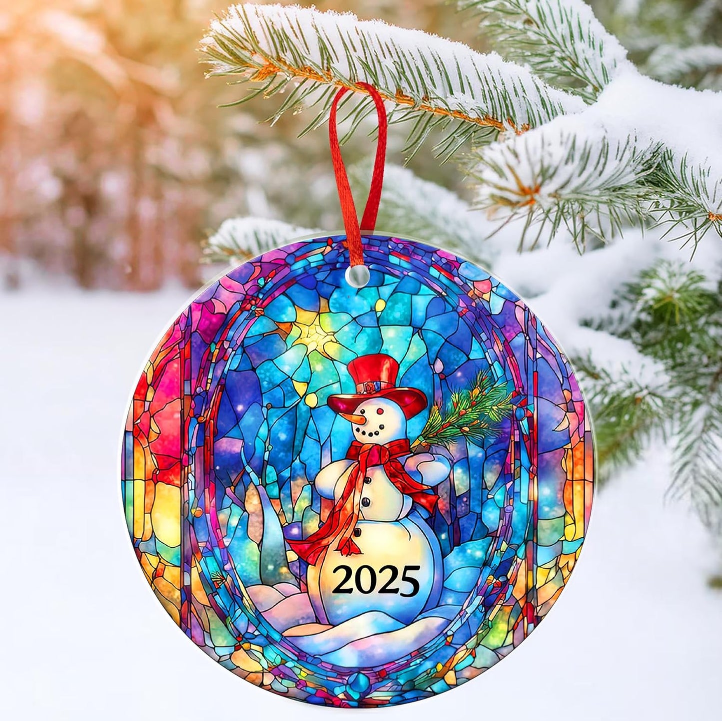 Jabihome Christmas Ornaments 2025, Exchange for Women, Men, Collectible Dated Year Ornaments for Tree, Unique Acrylic Suncatcher, Printed Stained Glass Effect Decor (Snowman Art)