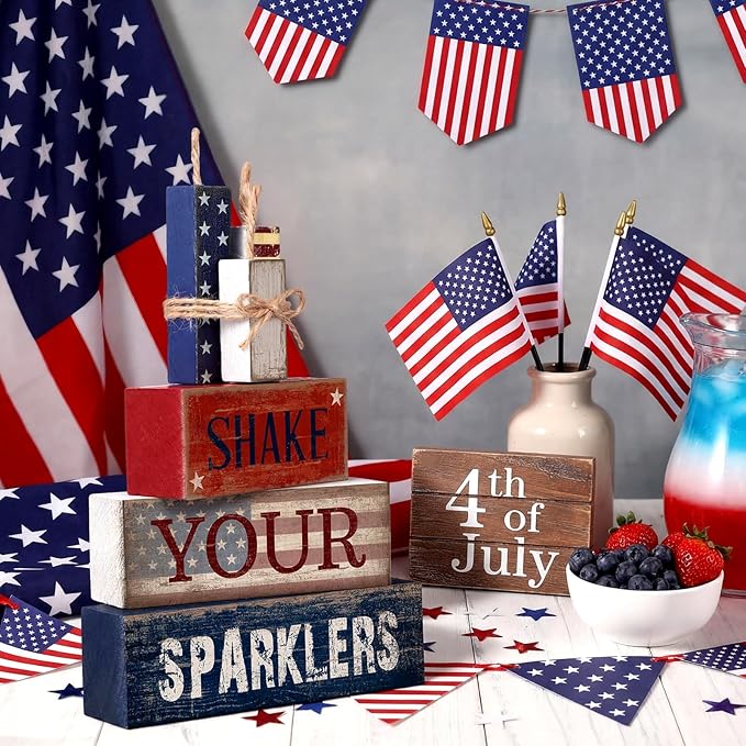 CroBlissful 4 Pcs 4th of July Decorations Patriotic Memorial Day Tabletop Decorations Red White Blue Table Centerpieces Sign for Office Tiered Tray Home Shelf 250th Anniversary(Shake)