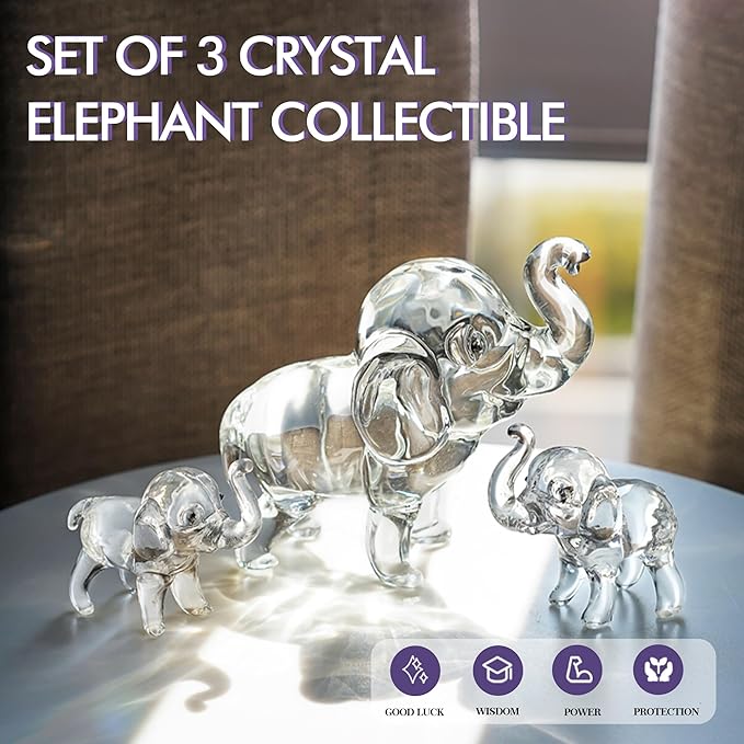 Set of 3 Crystal Elephant Figurines Glass Elephants Figurine Collectible Gifts for Mom Small Animal Statues Decor for Home Office Mother's Day Table Centerpiece