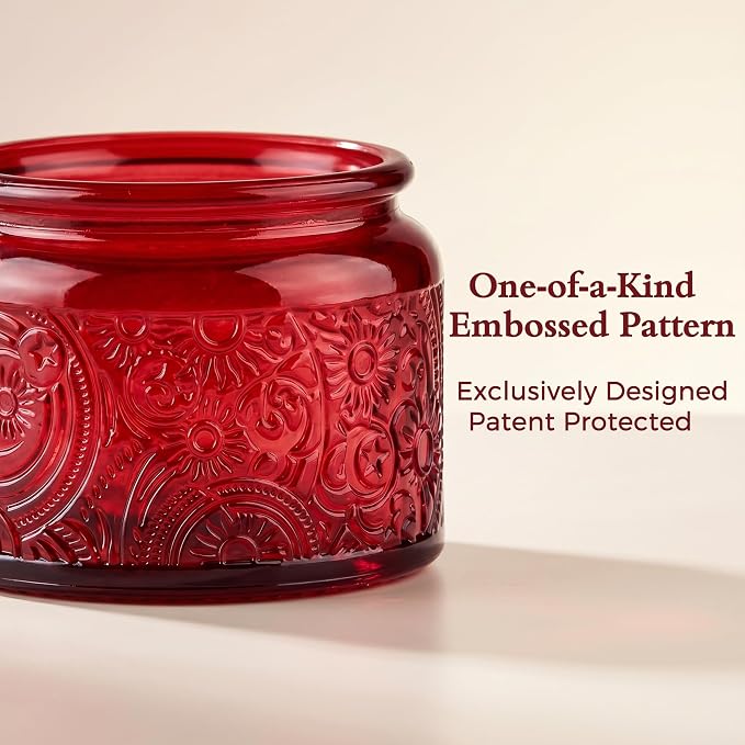 4 oz Red Sun Moon Stars Candle Jars with Bamboo Lids, 18 Pack | Patented Embossed Design, Includes Wick Centering Devices & Warning Labels, Multiple Color Options