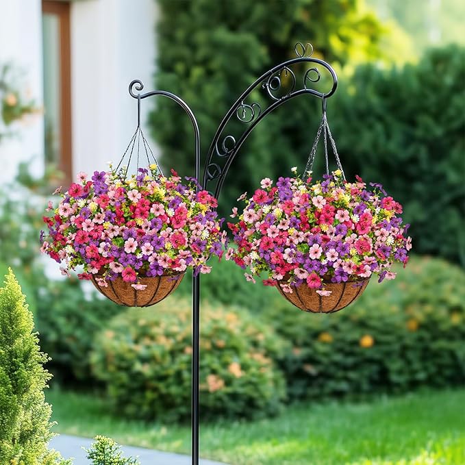 Artificial Hanging Flowers for Outdoors, Fake Hanging Plants with 12" Baskets, 12 Pcs UV Resistant Artificial Hanging Flowers for Decoration Outdoors Garden Patio Porch Yard Spring Summer Decor