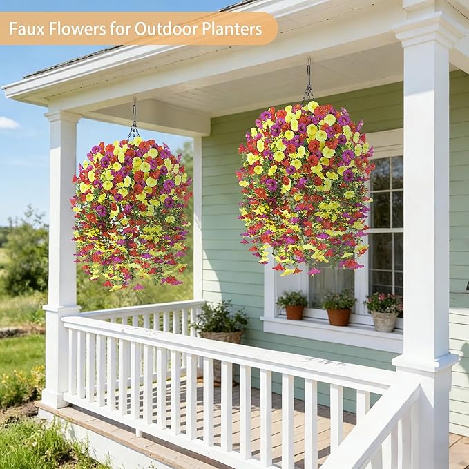 Artificial Hanging Flowers with Basket, 480 Blooms UV Resistant Faux Morning Glory Silk Plants, Fast & Easy Assembly Fake Hanging Baskets for Outdoor Porch Patio Garden Decor, Purple&Yellow&Red