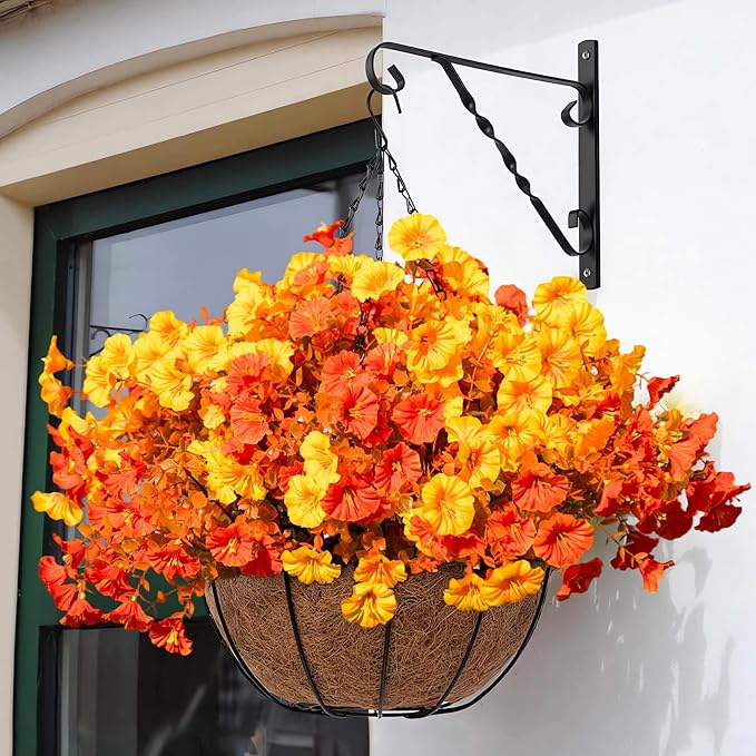 16 Bundles Fall Mums Artificial Flowers for Outdoor Decoration,Realistic Fake Plants Orange Red Petunias, UV Resistant Faux Yellow Silk Flowers for Vase Planter Front door Porch Garden (Autumn)
