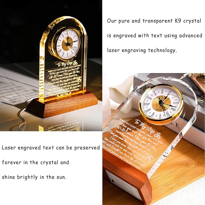 Gifts for Wife from Husband - Crystal Clock with Wooden Light Base, Christmas, Birthday, Wedding Anniversary Wife Gifts Ideas, to My Wife Plaque Presents for Valentine's Mother's Day