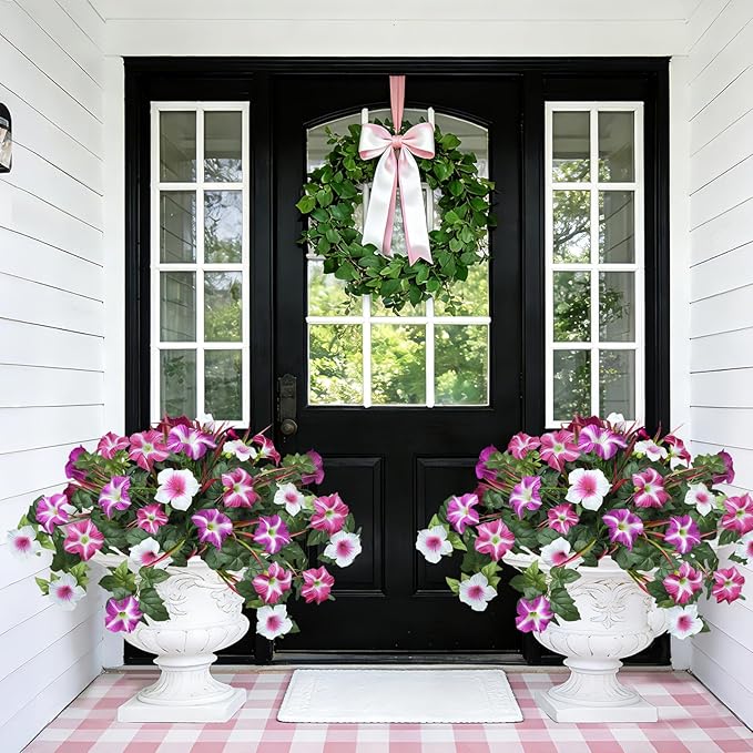 Artificial Flowers Plants for Outdoors, 6PCS UV Resistant Faux Flowers Outdoor Plants, Fake Petunias Silk Flowers for Garden Balcony Yard Porch Decor (White Red Lotus)