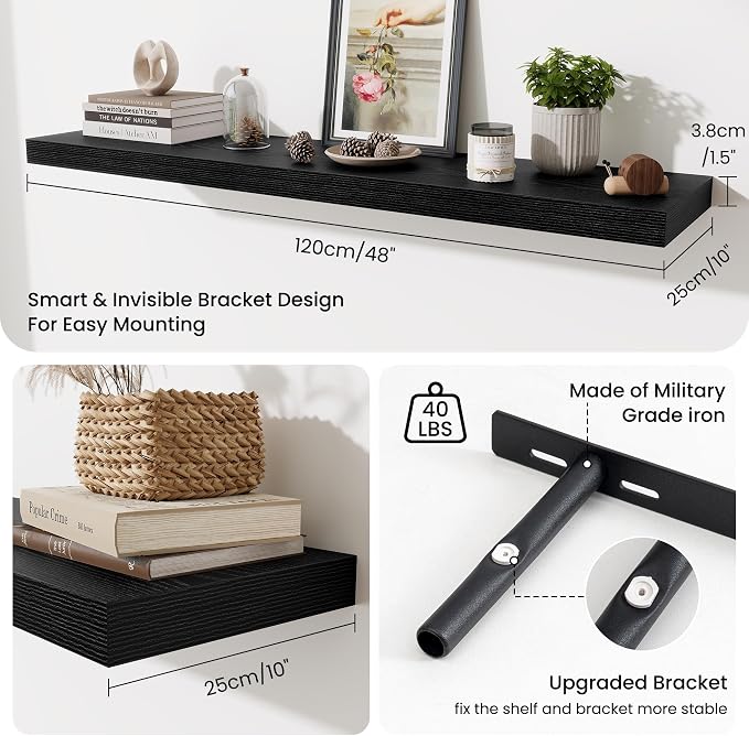 Fun Memories 48 Inch Floating Shelves for Wall - 10 Inch Deep Fireplace Mantel Shelf - Wood Floating Shelf for Wall - Large Storage Shelves Wall-Mount for Living Room & Bedroom - Black - Set of 2