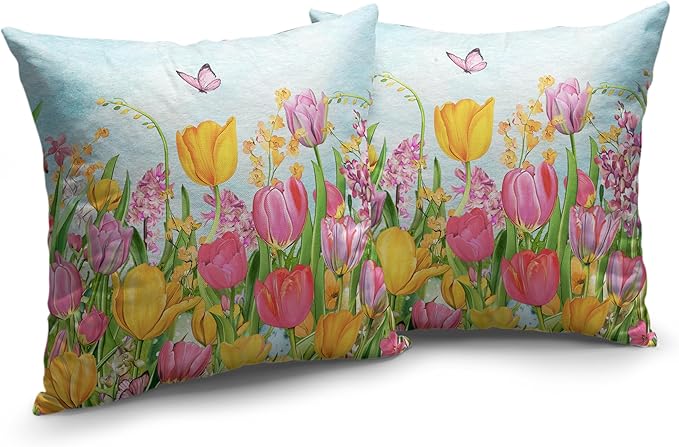 Tulip Pillow Covers 20x20 Set of 2 Spring Throw Pillow Covers Pink Yellow Tulip Floral Outdoor Pillowcase Watercolor Cotton Linen Cushion Case for Sofa Outdoor Patio