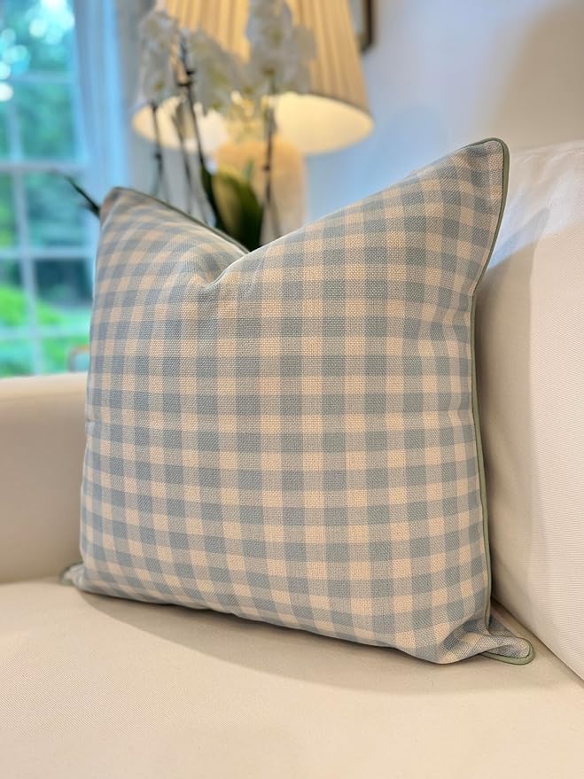 Jillien Harbor “The Charlie” Decorative Pillow Cover – Blue and White Accent Pillow Cover with Gingham-Inspired Design – Grandmillennial Home Decor, 20" x 20"