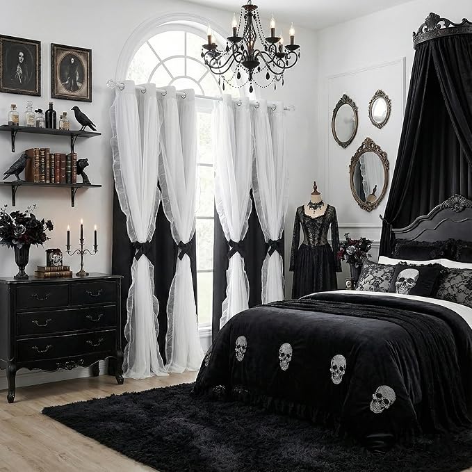 PONY DANCE Ruffle Curtains Double Layers Gradient Decoration with Sheer Overlay, French Country Rustic Design Window Covering with Tiebacks, 52" Wide x 84" Long, Ombre-Black, 2 Panels