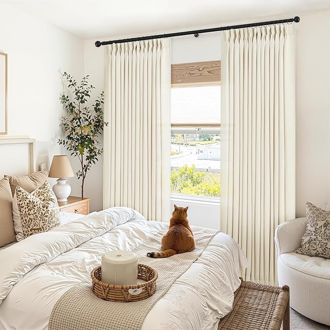 Natural Cream Linen Curtains 90 Inch Long 2 Panels for Living Room Back Tab Pinch Pleated Semi Sheer Curtain With Hooks Rings Farmhouse Thick Linen Textured Memory Trained Window Drapes 90 Inches
