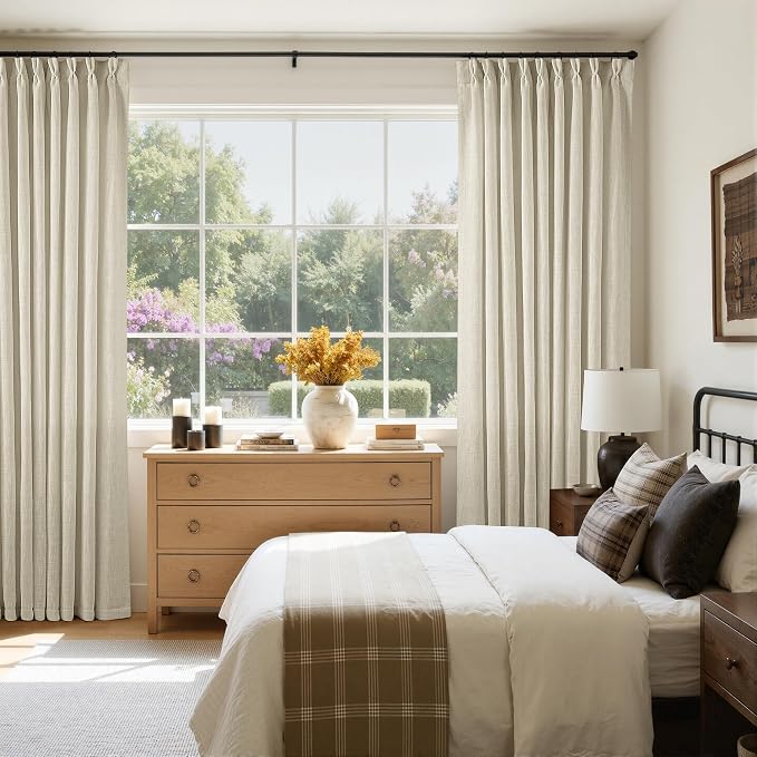 TWODRAPES Extra Wide Pinch Pleat 60 x 84 Inch Linen Curtains for Living Room Beige Light Filtering Semi Sheer Pleated Curtains for Patio Glass Sliding Door Dining Bedroom Large Window 60x84 1 Panel