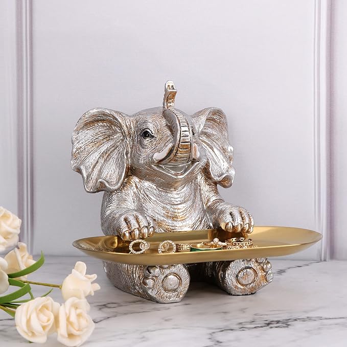 Silver Elephant Statue For Home Decor Accents Living Room Bookshelf TV Stand Office. Trinket Dish. Retirement Appreciation Gift -Gift for Mom Boss Co-workers, Teachers, Nurse, Friends, Wife, Sister