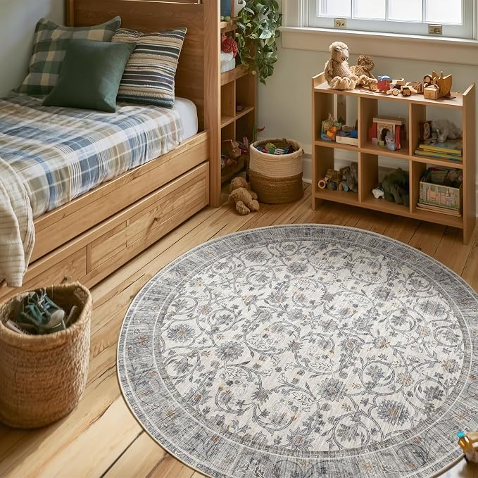 Machine Washable Rugs for Living Room: 4x4 Area Rugs for Bedroom Ultra Soft Non-Slip Low Pile Vintage Boho Large Carpet for High-Traffic Dining Room - Farmhouse Decor