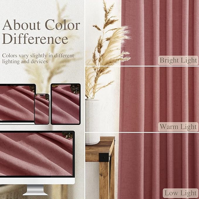 Canyon Rose Linen Curtains for Living Room 94 Inches Long Light Filtering Semi Sheer Curtain Back Tab Modern Farmhouse Decor Elegant Luxury Boho Girl Drapes for Bedroom Dinner Room 52x94, 2 Panels