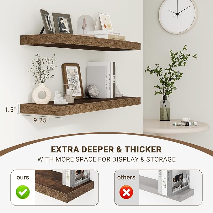 Acovy 48 Inch Floating Shelves, 48"x9.25"x1.5" Inch Deep Floating Shelves for Wall, Wooden Shelves for Bathroom, Bedroom, Living Room, Brown, 1 Piece
