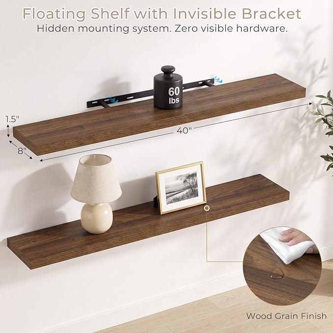 Vivelove Wall Floating Shelves for Display with Invisible Brackets, Long Floating Shelves for Bedroom Bathroom Living Room Kitchen Office, 40”X 8" X 1.4", Set of 2 - Walnut
