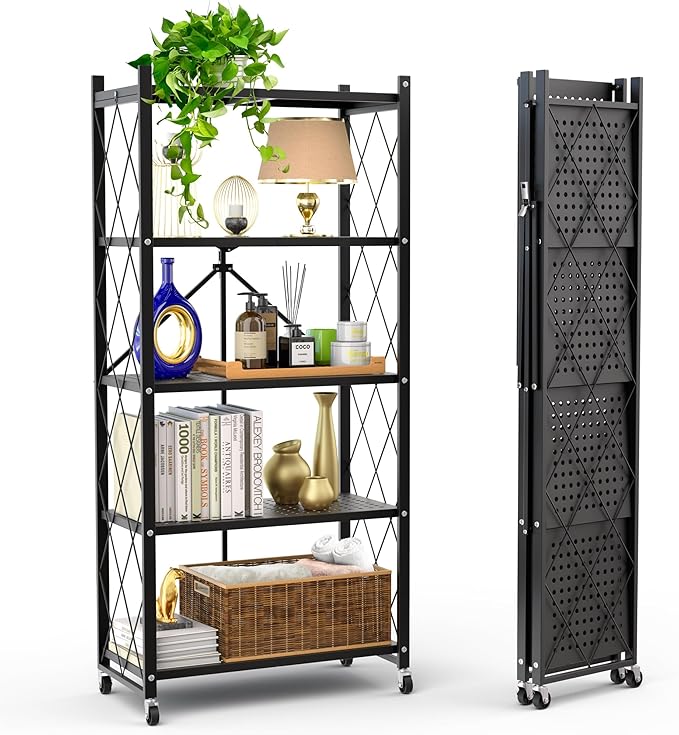 Our Modern Space 5-Tier Foldable Storage Shelf with Wheels | Metal Rack Collapsible Shelving Display | Rolling Cart for Books Kitchen Storage Shelves | Pantry & Closet Organizer | Office Room Decor