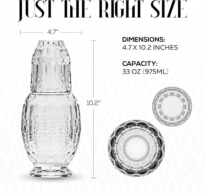 Elle Décor Vintage Bedside Water Carafe with Tumbler – Elegant Pitcher and Matching Drinking Glass Doubles As Lid For Guest Room, Office, or as a Gift, 4.7x10.4, Clear