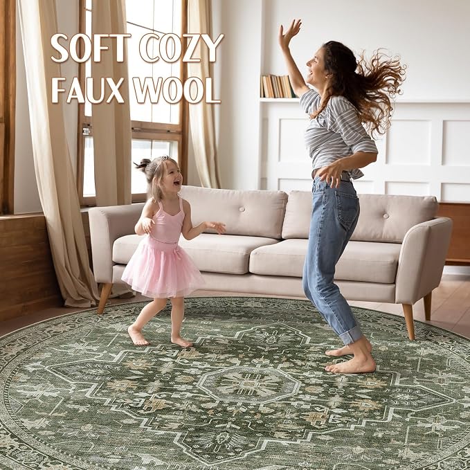 Round Rug Living Room Rugs: 10x10 Washable Boho Neutral Large Circle Soft Indoor Floral Stain Resistant Floor Farmhouse Carpet for Bedroom Nursery Kids Playroom Office Dining Room- Dark Green