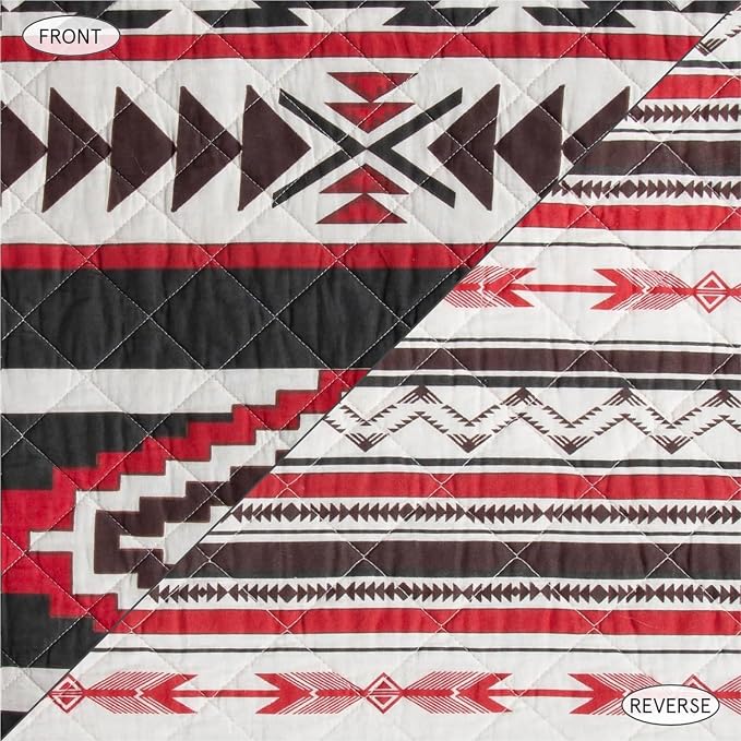Paseo Road Cortez Western Bedding 3 Piece Quilt Set with Pillow Shams, King Aztec Bedding Set, White Red Gray Tribal Southwestern Bedding, Geometric Pattern Cotton Reversible Bed Set