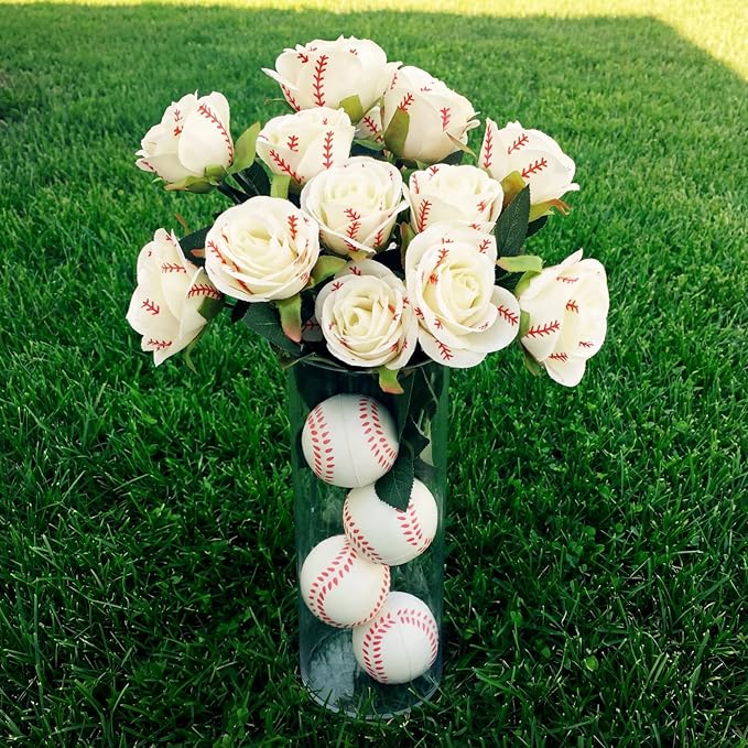 Suncalla 12 Pcs Baseball Rose with Leaves Bulk Artificial Fake White Roses Decor Sports Flower Gifts for Table Centerpieces Graduation Wedding Gift Sports Theme Rose Bouquet Party Favors