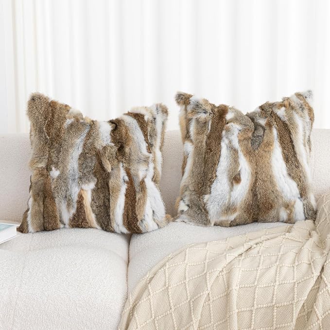 Genuine Rabbit Fur Pillow Covers Set of 2,Luxury Decorative Throw Pillowcases Fluffy Animal Skin Accents Bolster Cushion Cover for Couch Sofa Bedroom Living Room Home,18x18 inch,Yellow