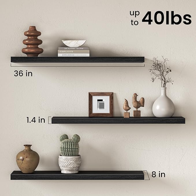 Fun Memories 36 Inch Floating Shelves, Wall Shelves Set of 2 for Bathroom/Living Room/Bedroom/Kitchen, Black Floating Shelf for Wall Decor with Invisible Brackets