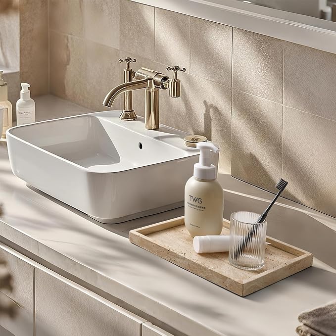 Vanity Tray Italy Travertine Stone for Jewelry, Perfume, Makeup, Candle Large Natural Marble Decorative Trays for Bathroom Dresser Rectangle Kitchen Storage Organizer for Home Decor Beige(WH021)
