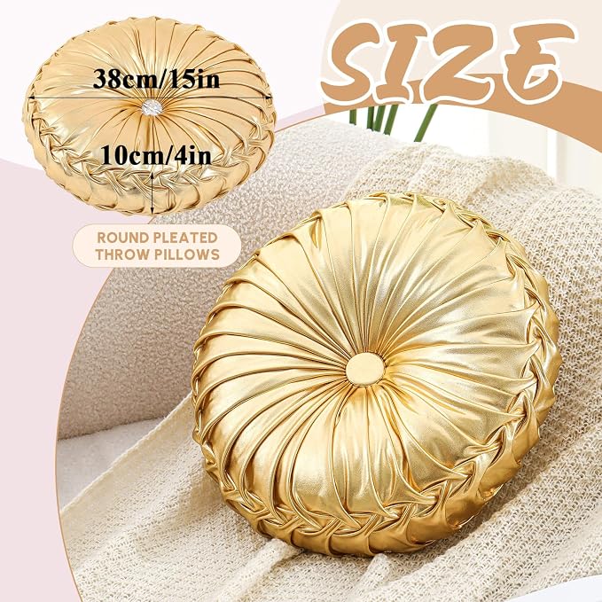 Drydiet 1 Pcs Round Throw Velvet Pillows Decorative Pleated Throw Pillows Diameter Accent Pumpkin Boho Chair Cushion for Couch Sofa Home Decoration (Gold,15'')