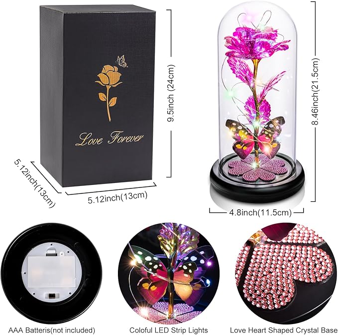 Mothers Day Mom Gifts for Mom Women Birthday Gift Galaxy Glass Rose in Glass Dome Forever Eternal Crystal Flowers with Butterfly Mother's Day Flowers Gifts for Women Wife Grandma Daughter Sister Pink