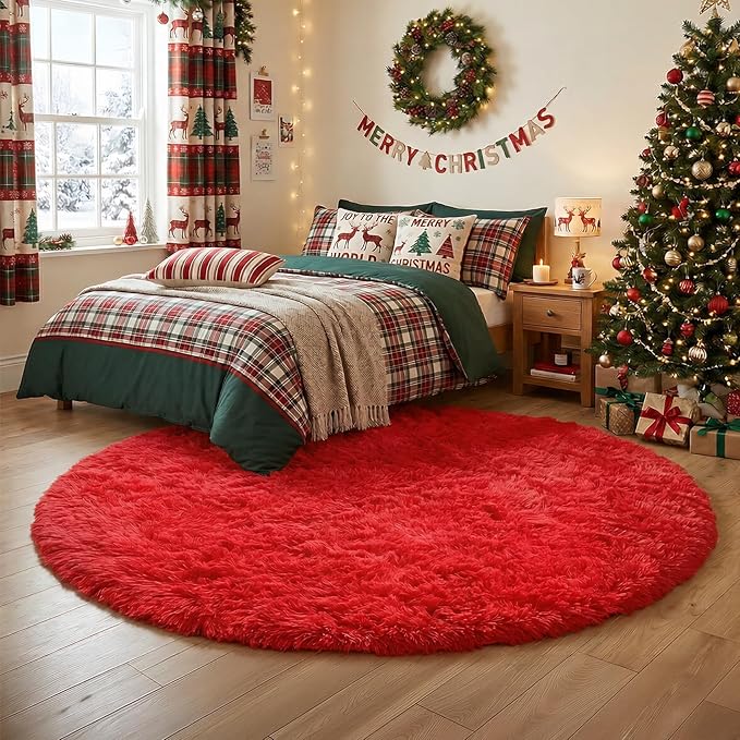 Red Round Circle Rug 6Ft for Bedroom, Large Fluffy Shag Area Rugs for Kids Room Decor Aesthetic, Fuzzy Plush Fur Carpets for Living Room Nursery Classroom, Red Carpet, Furry Indoor Rugs for Teen Boys