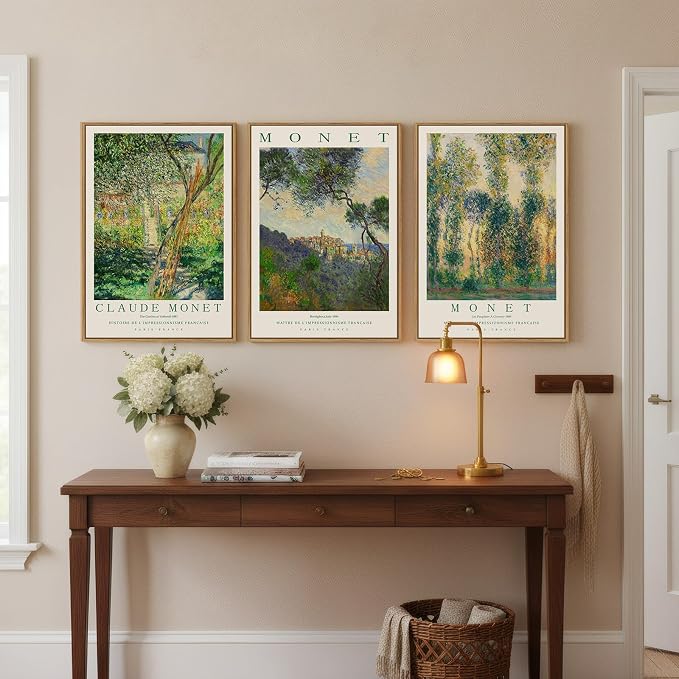 3 Piece Framed Monet Landscape Wall Art for Living Room, Large Impressionist Vintage Canvas Artwork for Walls, Green Tree Nature Prints Painting for Bedroom Dining Room Wall Decor 16x24 Inch