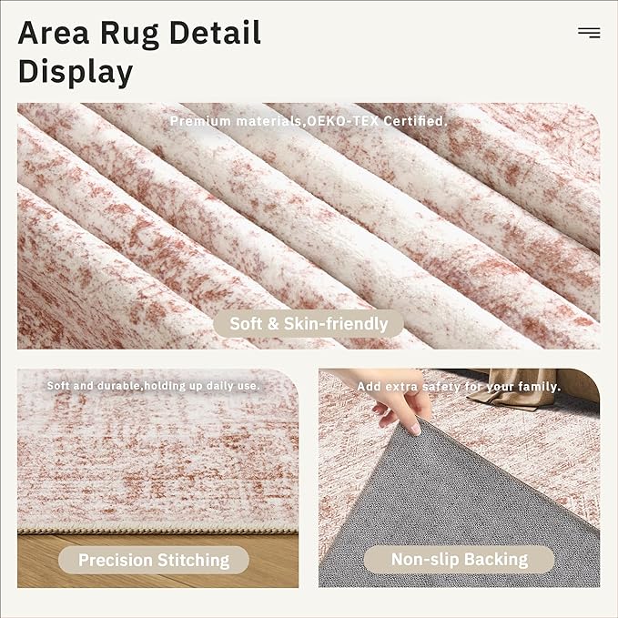 Soalmost Washable Area Rug 8x10, Large Soft Rugs for Living Room Vintage Area Rugs for Bedroom Dining Room Non-Slip Stain Resistant Pink Under Table Rug