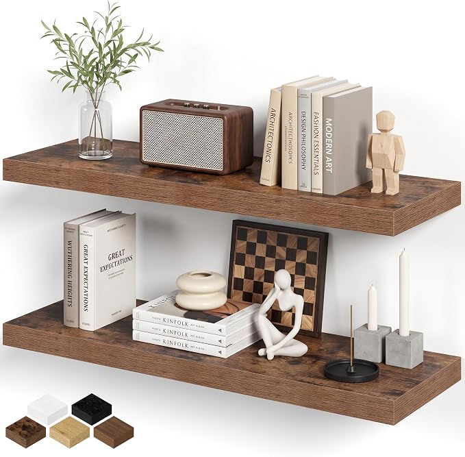Floating Shelves for Wall - 2 Pack 30 Inch Long Rustic Wooden Display Shelves - 8 Inch Deep Wall Mounted Storage Shelf with Invisible Heavy-Duty Brackets for Books, Bathroom, Kitchen - Rustic Brown