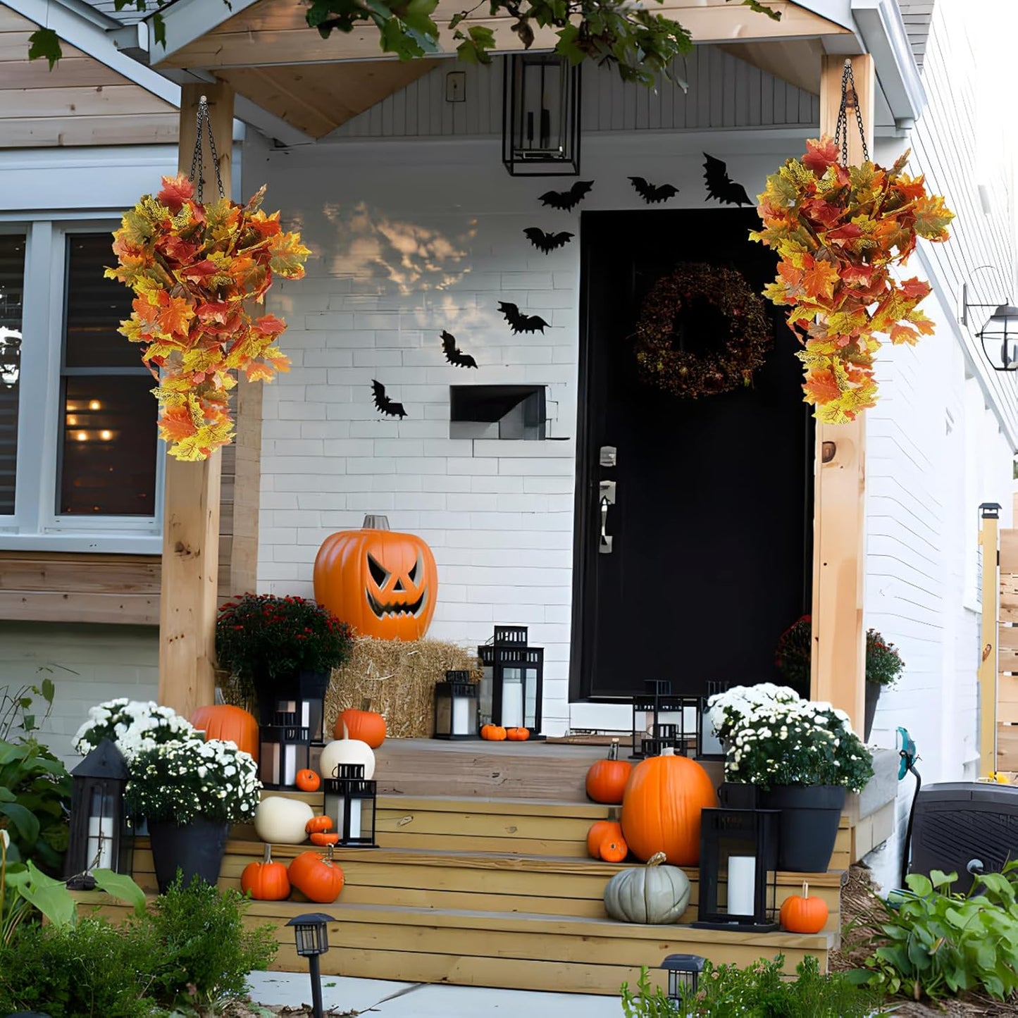 RECUTMS 2pcs Artificial Hanging Maple Leaves Plants Fake Fall Vines Plants Faux Autumn Hanging Fall Artificial Mums for Indoor Outdoor Thanksgiving Party Wedding Home Wall Door Decor(Green Yellow)