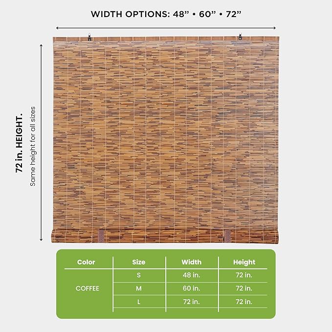 Forever Bamboo Light-Filtering Cord-Free Bamboo Reed Roll-Up Blind Shades for Windows Manual Roman Blinds Coffee 72 in W x 72 in H (Pack of 2)