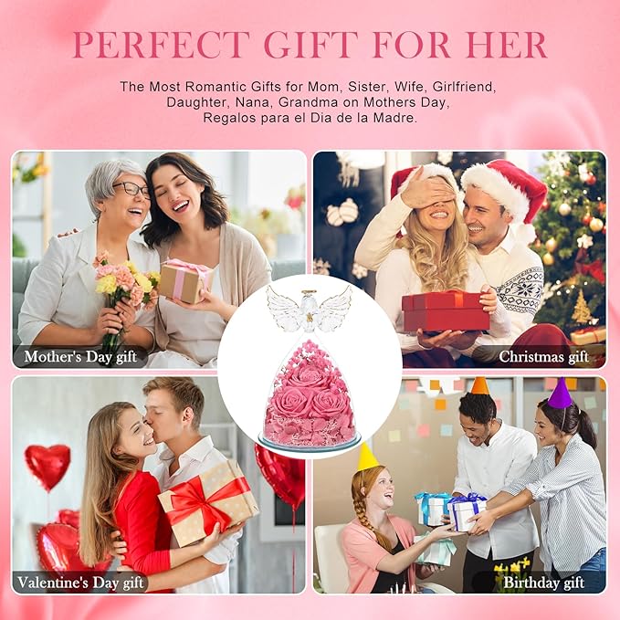 Flowers for Delivery Birthday Gifts for Women Gifts for Mom Grandma Mothers Day Fresh Preserved Flowers Forever Real Roses in Glass Angel Figurines Anniversary Present for Wife Her Friends Daughter