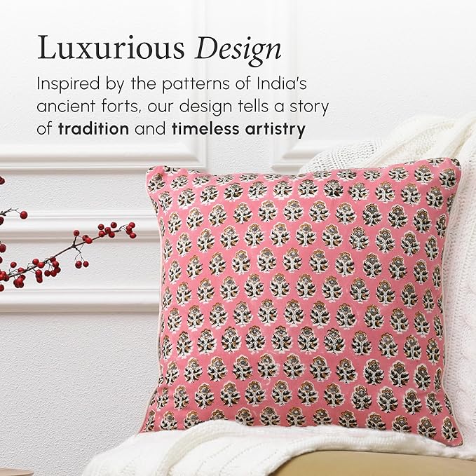 CPC 100% Cotton Throw Pillow Covers 18x18 Inch, Set of 2 Green Block Print Pattern Couch Pillow, Cute Boho Decorative Pillows for Living Room, Bedroom with Hidden Zipper- Poppy Pink